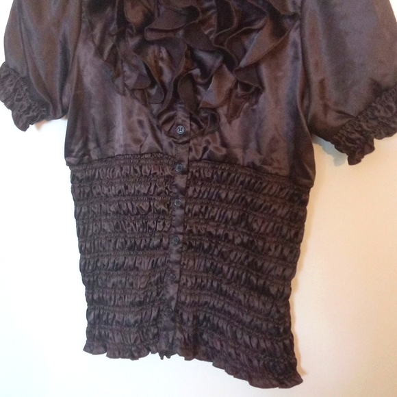 Satin Ruffled Bodice Blouse with Smocking - Picture 3 of 10